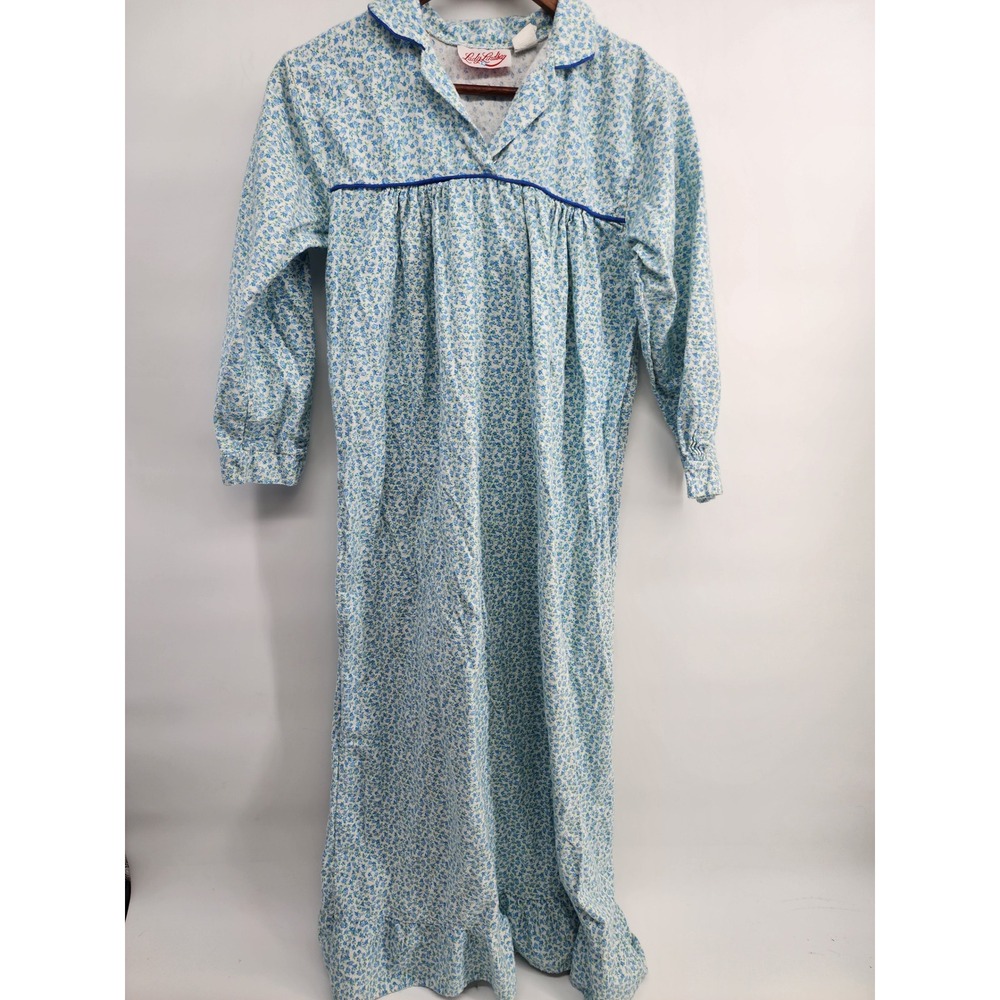 Lady Lindsay Vintage Floral Nightgown Blue Cotton Long‎ Sleeve Ruffle Hem Medium